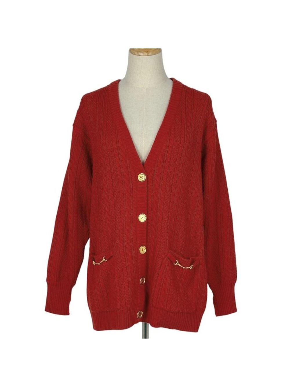 Celine Logo Button Cardigan Cable Knit Horsebit Top Wool